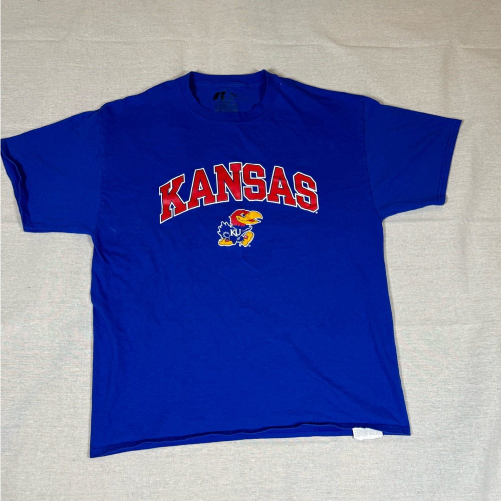 RUSSELL Athletic Kansas University Spellout Graphic T-Shirt - Blue and Red LG